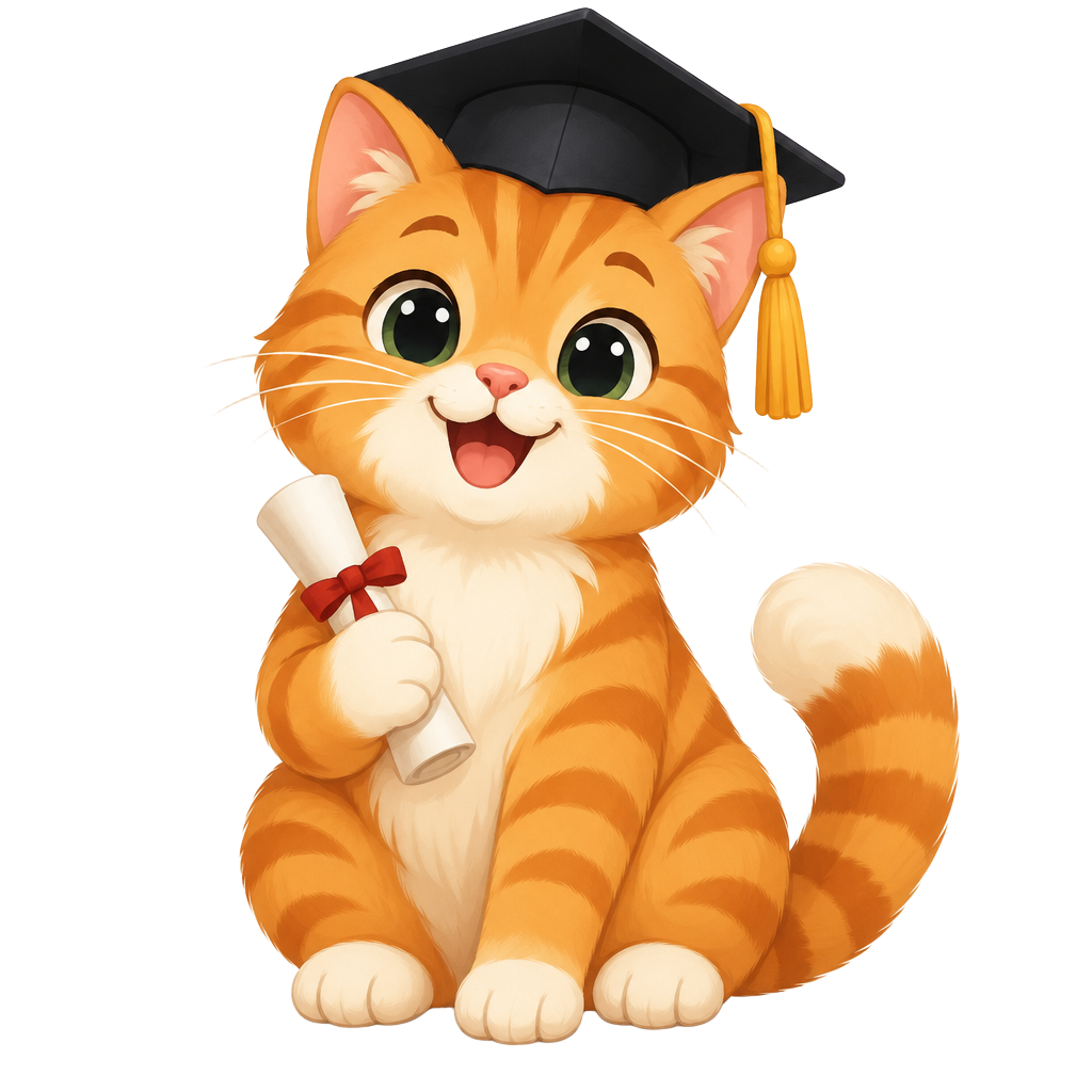 Curio, an orange tabby cat in a graduation cap